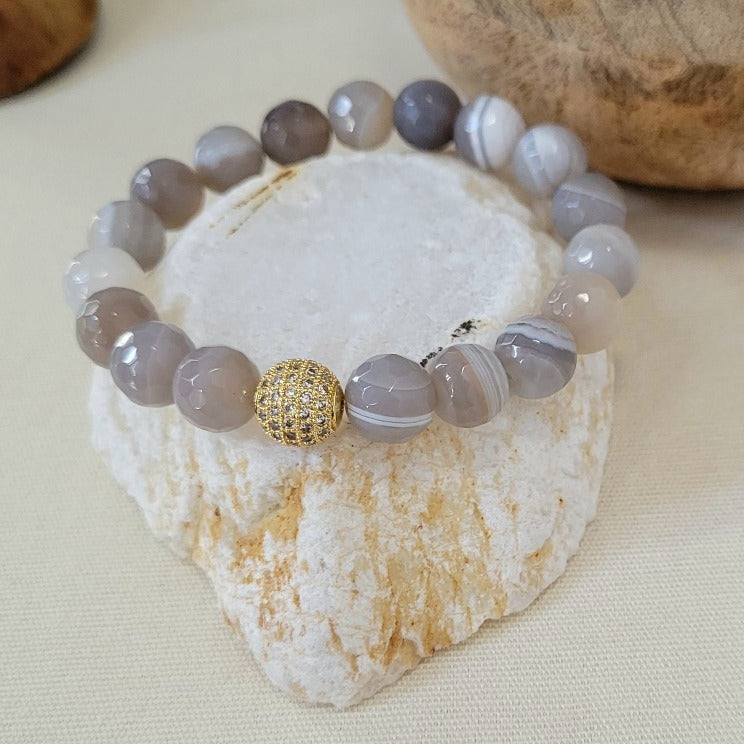 Grey Agate with Gold Plated Pave Bead