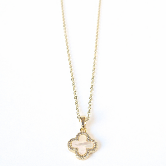 Mother-of-Pearl Pave Quatrefoil Clover Necklace