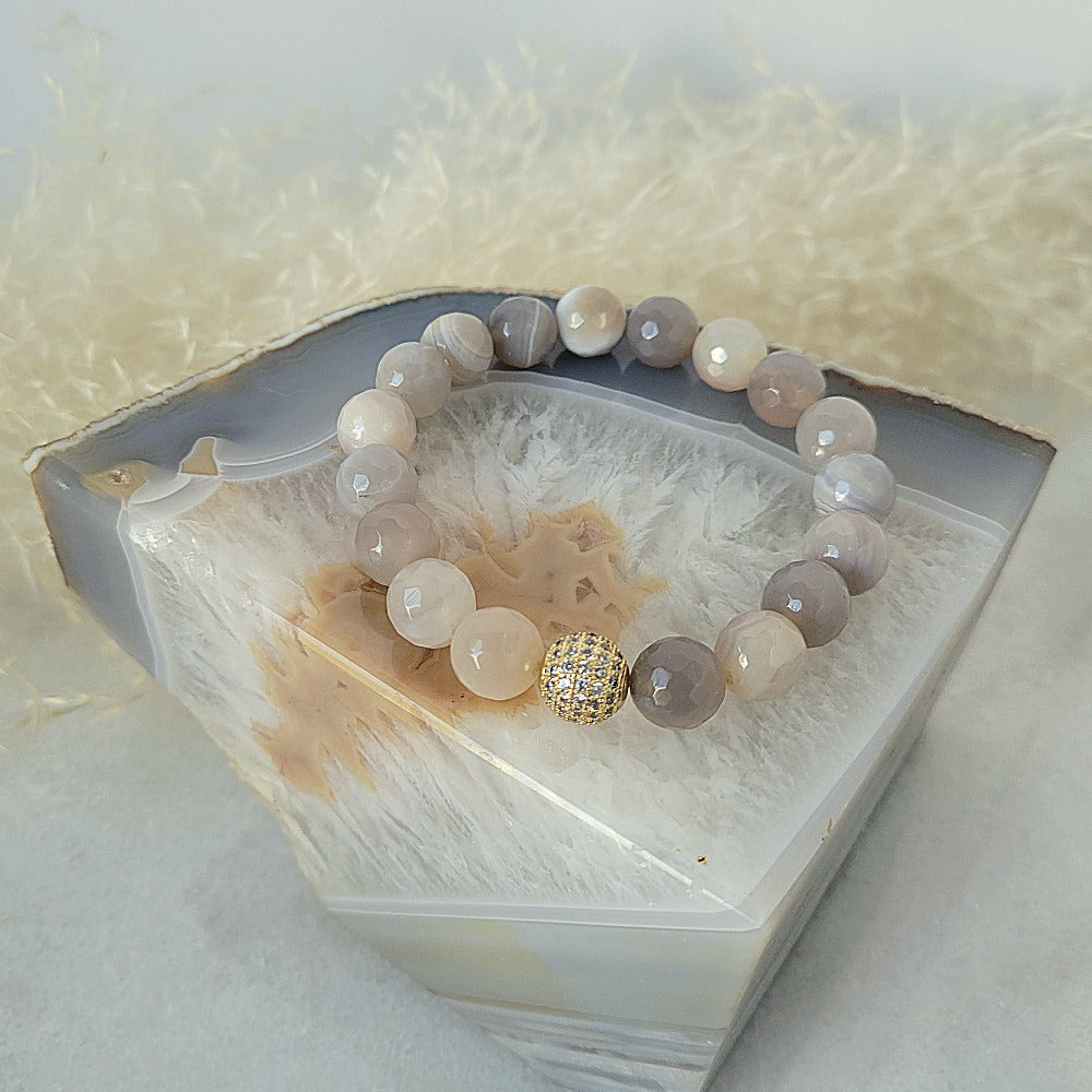 Grey Agate with Gold Plated Pave Bead